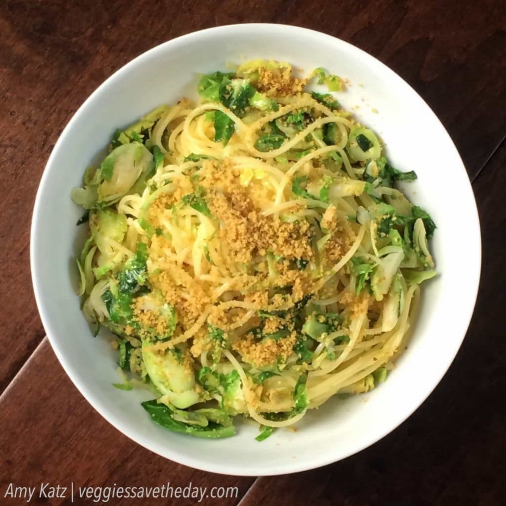 Spaghetti with Brussels Sprouts and Cheesy Walnut Topping
