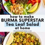 Bowls of tea leaf salad before and after being tossed