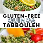 Tabbouleh salad in a bowl and on a plate with hummus and raw vegetables
