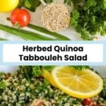 A cup of quinoa, green onions, fresh parsley and mint, tomatoes, and a lemon, and a bowl of quinoa salad with text overlay: Herbed Quinoa Tabbouleh Salad.