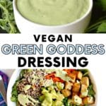 Bowl of Green Goddess Dressing and Vegan Cobb Salad topped with dressing