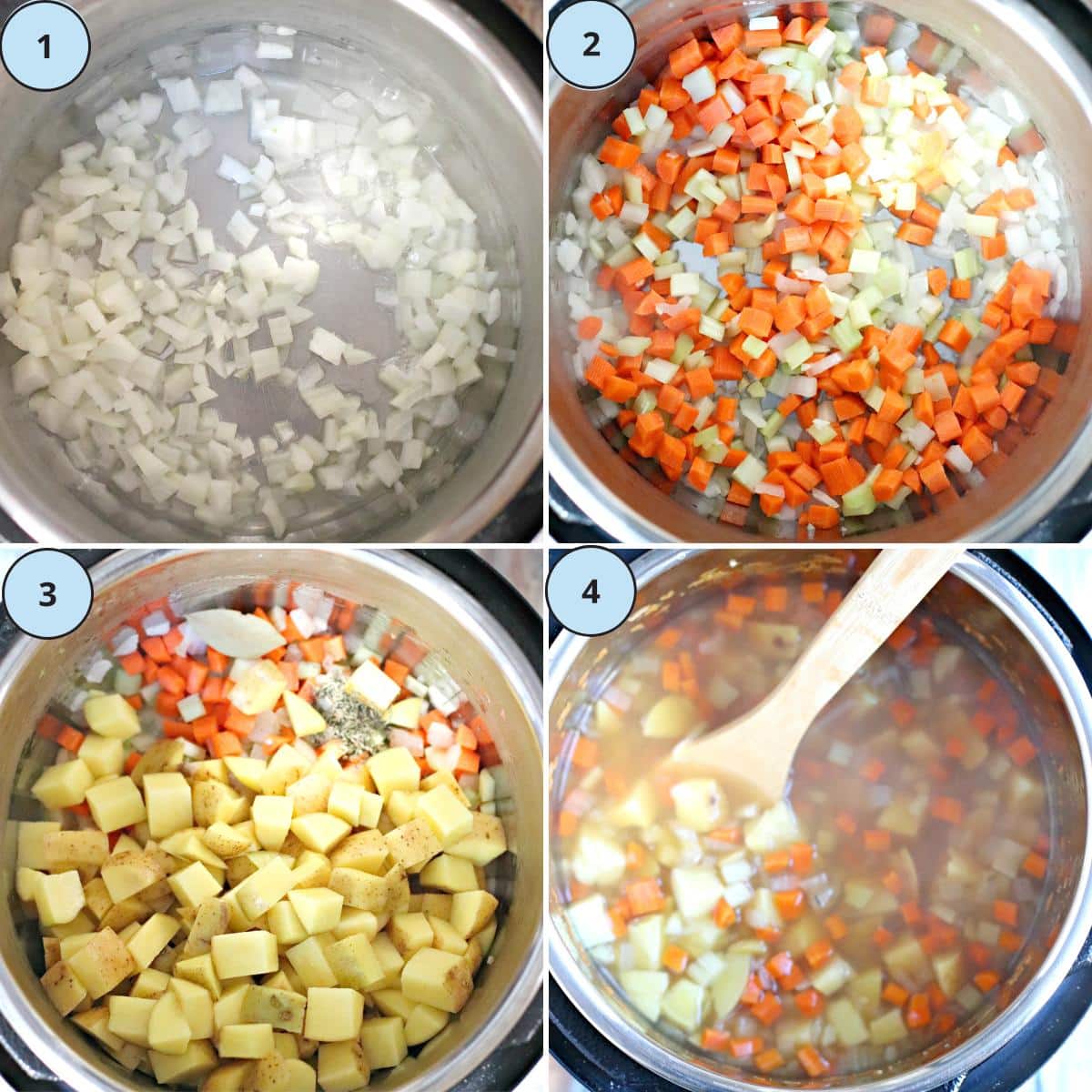 The first 4 steps showing sauteing the onion, garlic, carrots, and celery, adding the potatoes, seasonings, and broth, and giving everything a stir before sealing the lid.