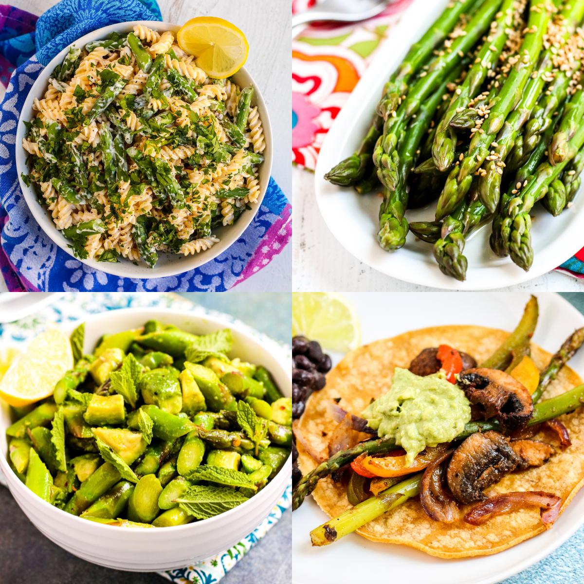 Lemon Asparagus Pasta, Sesame Asparagus, Asparagus Avocado Salad, and Vegan Fajitas.