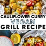 Cauliflower and potato curry in foil packs with a side of vegan yogurt sauce