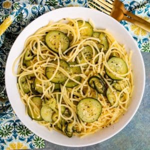 Bowl of spaghetti with zucchini