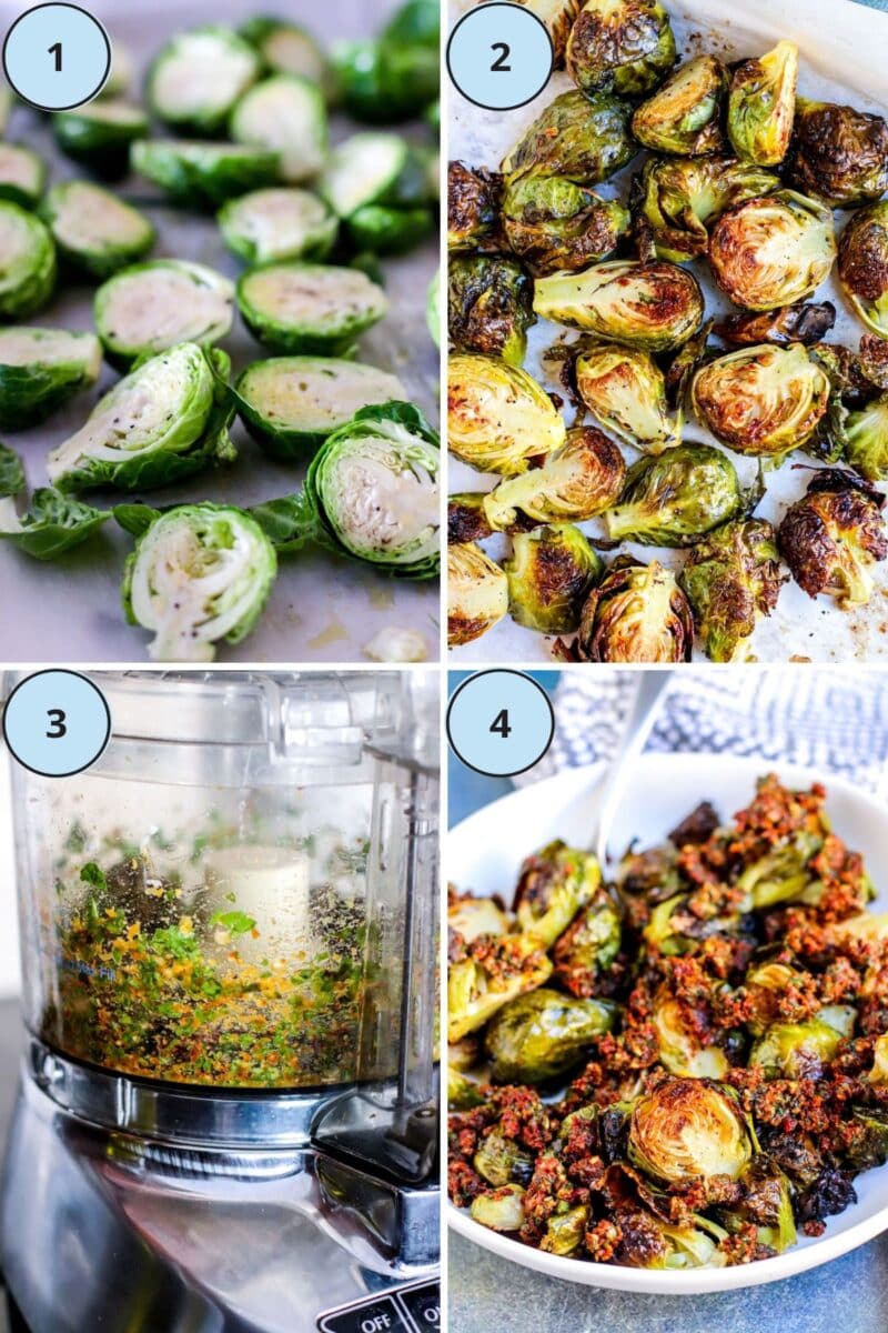 Halved Brussels sprouts on a baking sheet, the roasted sprouts, making sun-dried tomato pesto in a food processor, and the sprouts in a serving bowl tossed with pesto.
