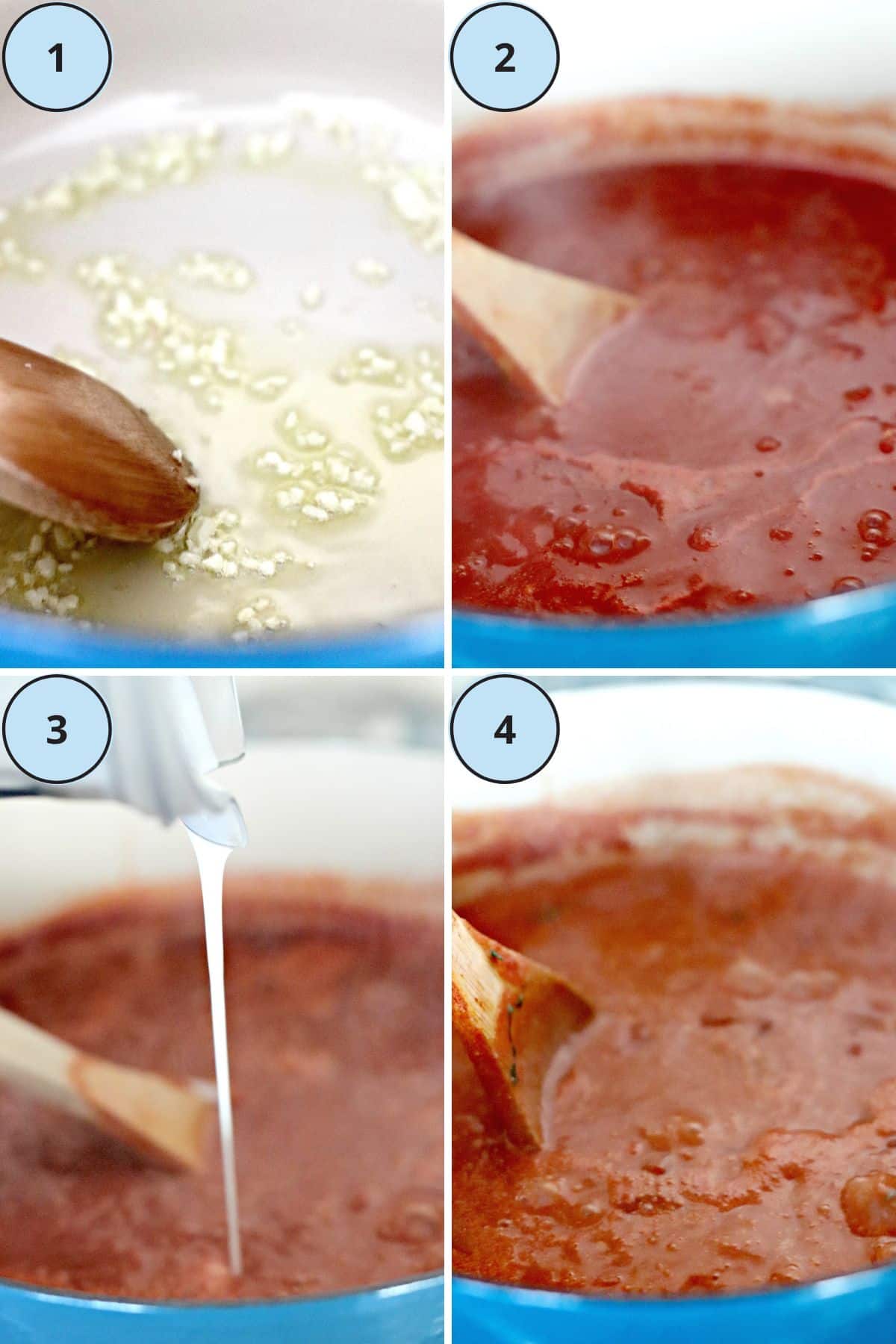 Steps for making this soup: 1, sauteing garlic in olive oil in a large pot; 2, stirring in the tomatoes, vegetable broth, and sugar; 3, pouring cashew cream into the simmering soup,; and 4, stirring in fresh basil and salt.