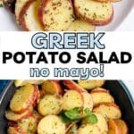 Potato salad on a plate and in a serving bowl with text overlay Greek Potato Salad No Mayo!