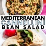 Collage of images showing bowl of cannellini bean salad and pita pocket sandwiches with spinach and the salad inside