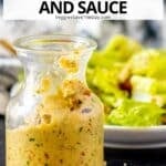 Bottle of dressing and a salad with text overlay: Chunky Green Olive Salad Dressing and Sauce.