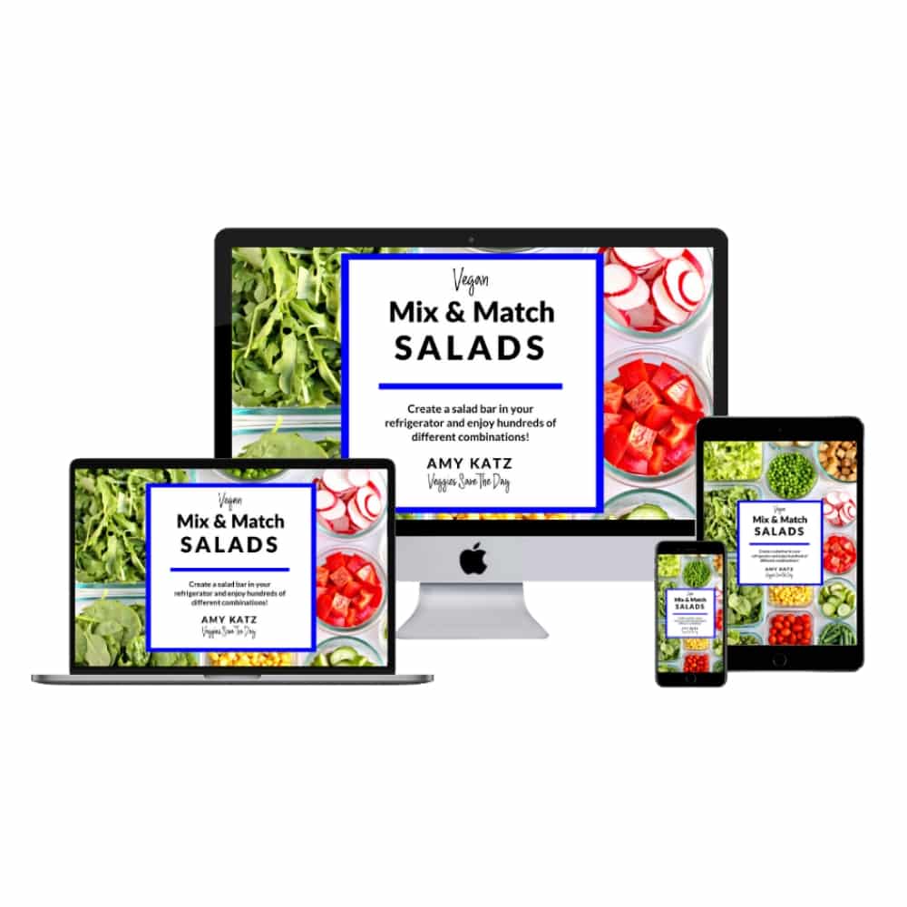 Vegan Mix & Match Salads ebook shown on computers, tablet, and iPhone.