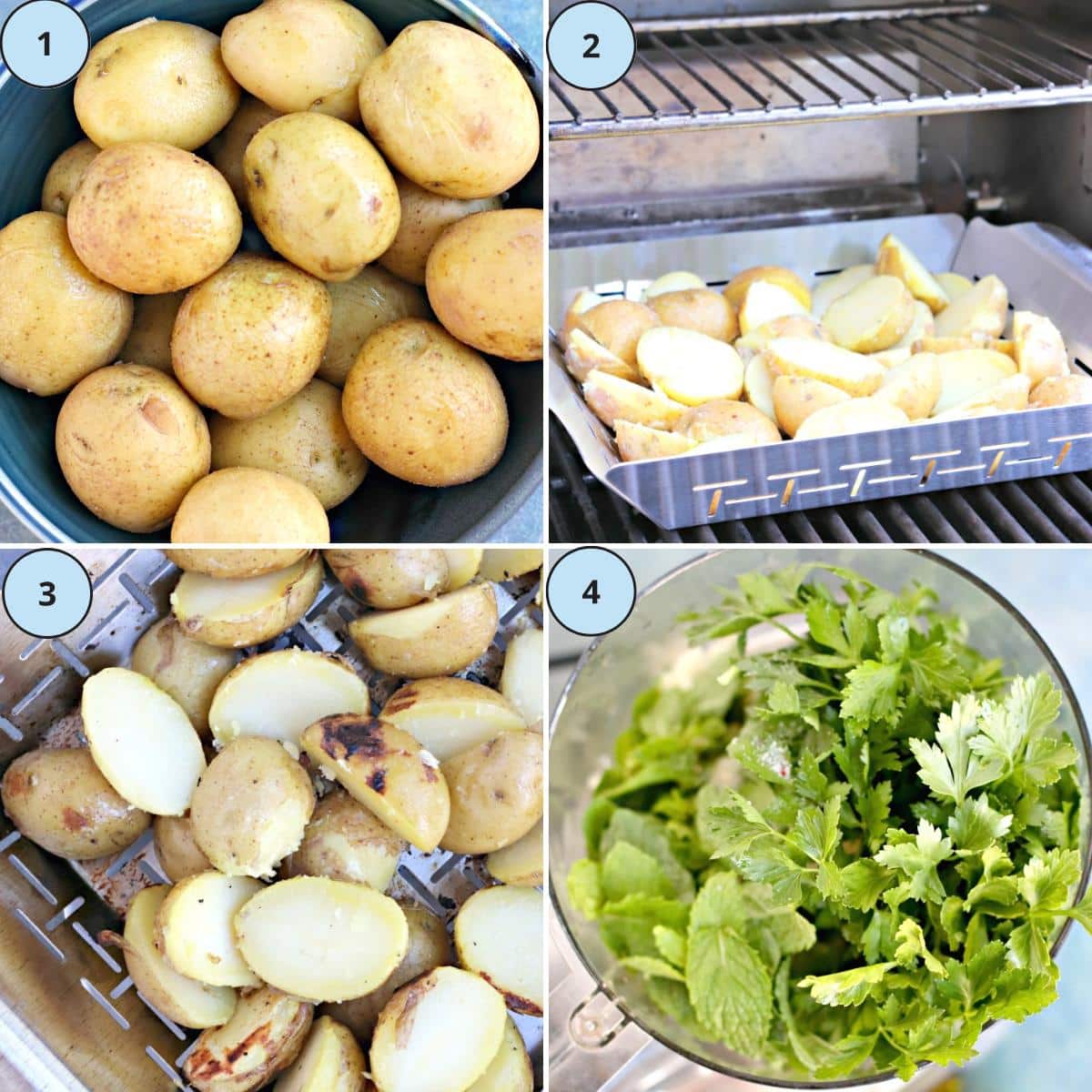 Parboiled potatoes, the halved potatoes in a grill basket, the finished grilled potatoes, and making the optional lemon herb sauce in a food processor.