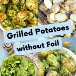 Collage of images for grilled potatoes with lemon herb sauce.