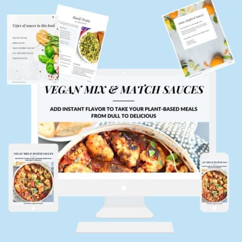 Images from Vegan Mix & Match Sauces on a computer, tablet, and smartphone