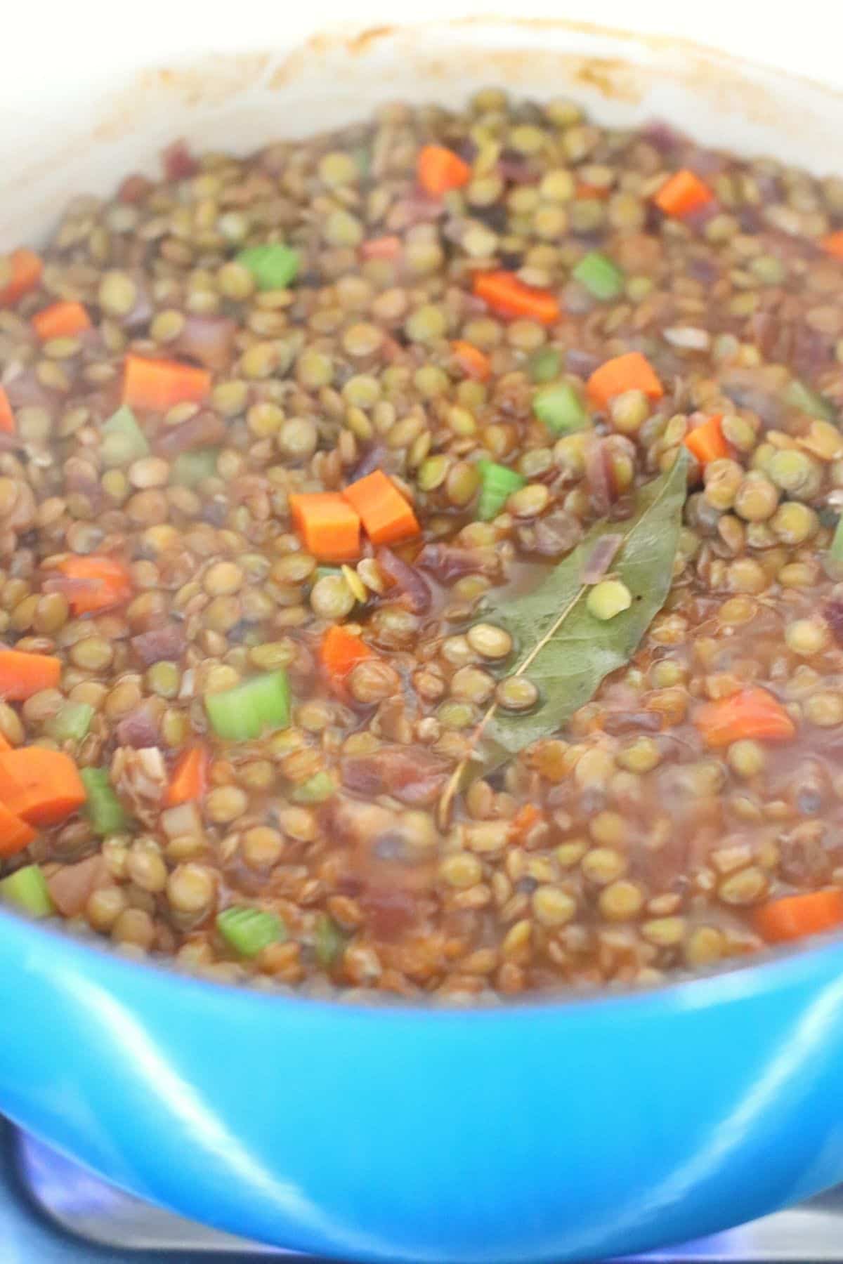 Cooking lentil soup in a blue pot on the stove