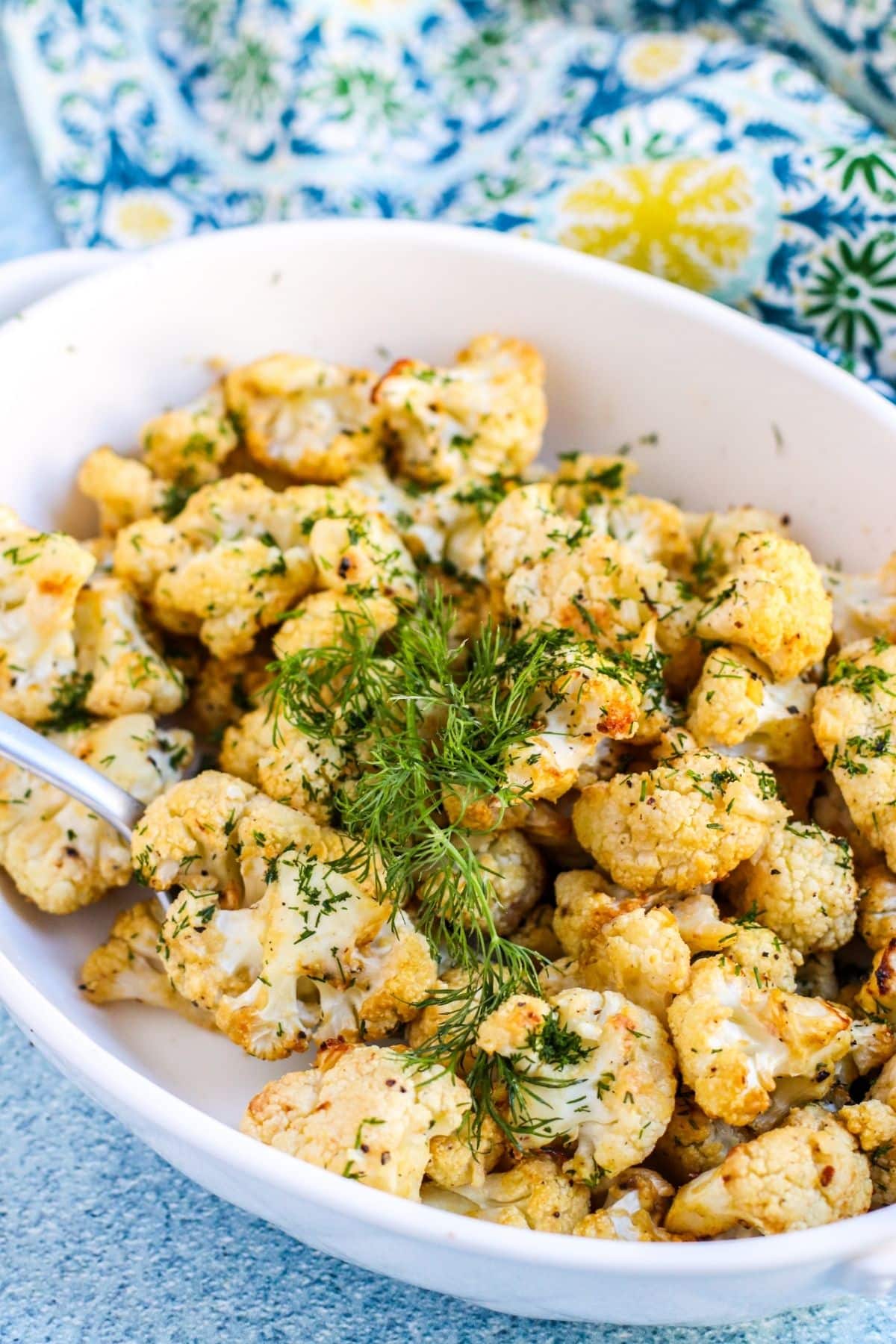 Serving bowl of mustard roasted cauliflower