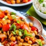 Platter of stir fry with text overlay Chickpea Stir Fry.