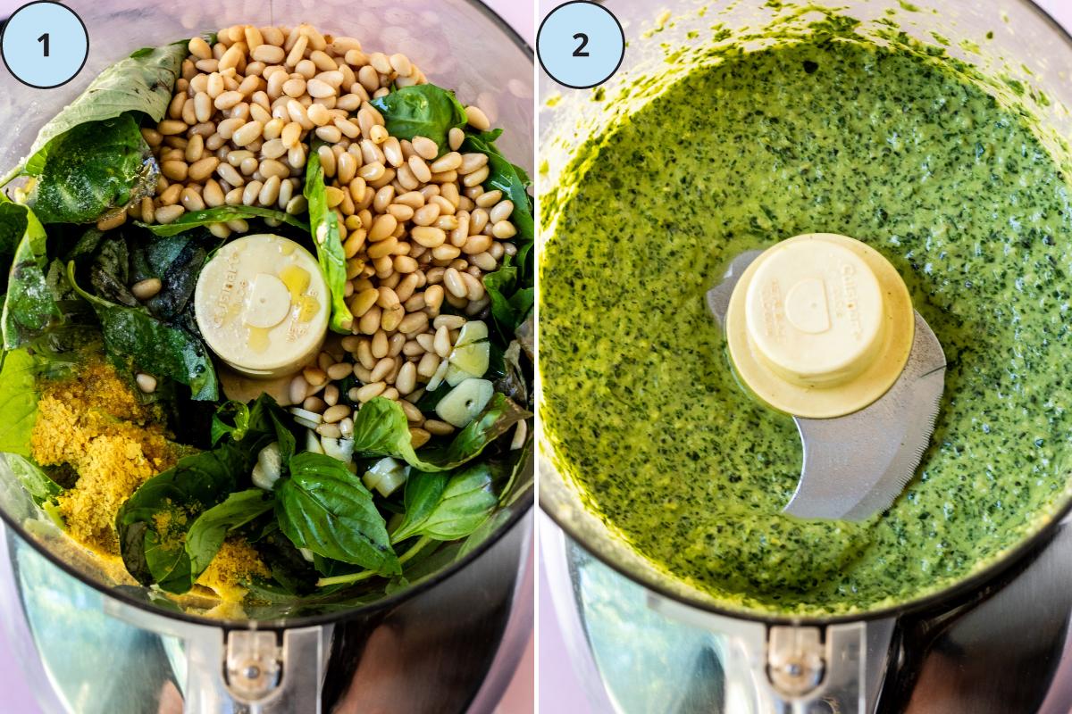 Pesto ingredients in a food processor and the finished sauce.