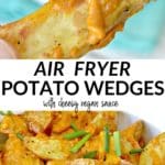 Hand holding potato wedge and bowl of wedges with text overlay Air Fryer Potato Wedges.