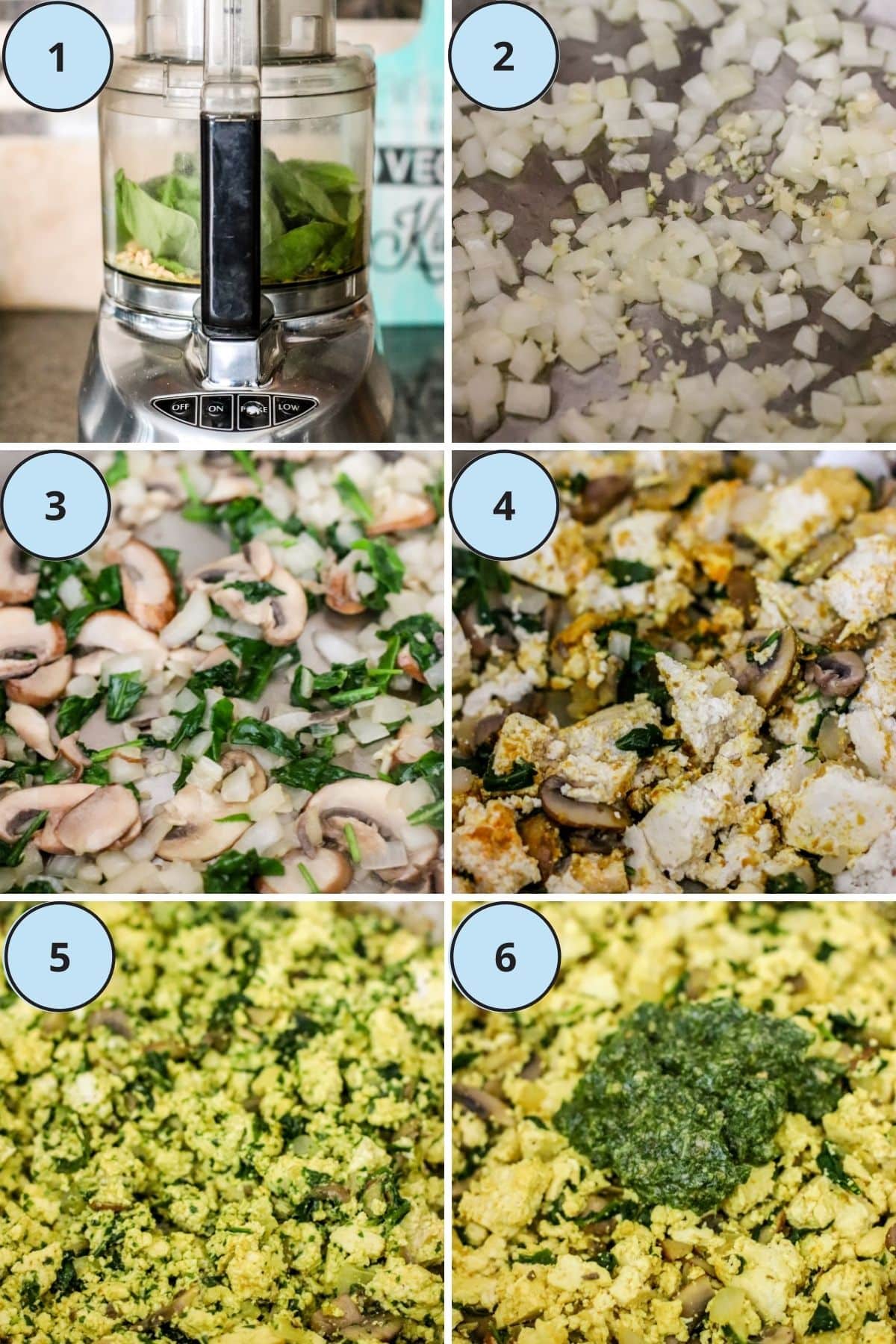 Collage of 6 images showing the steps for making this recipe.