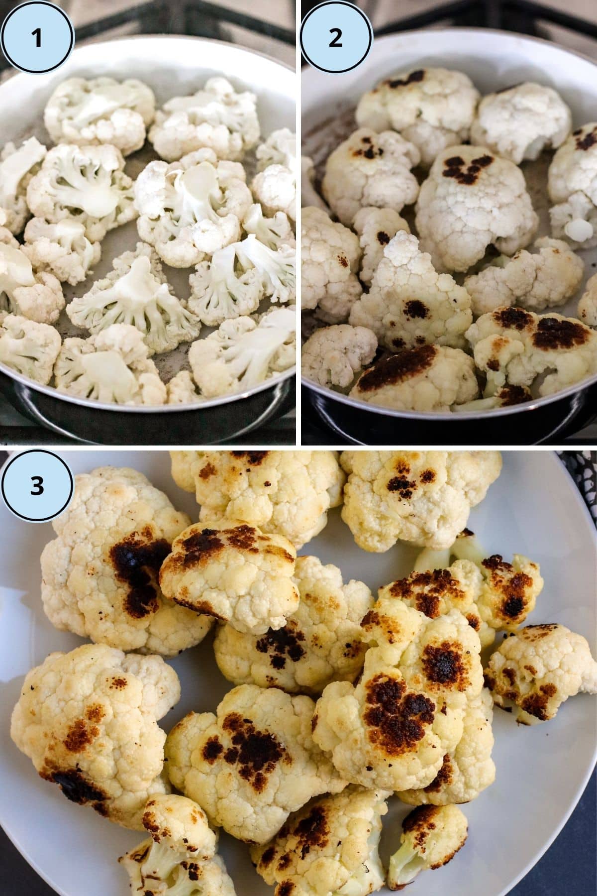 Collage of 3 images showing how to prepare the cauliflower florets in a large skillet.