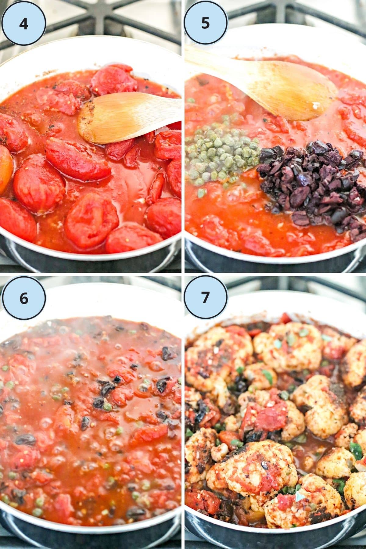 Collage of 4 images showing how to make the vegan Puttanesca sauce and then how to finish the recipe.