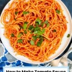 A plate of spaghetti with red sauce and parsley, with text overlay: How to Make Tomato Sauce from Tomato Paste in 15 Minutes.