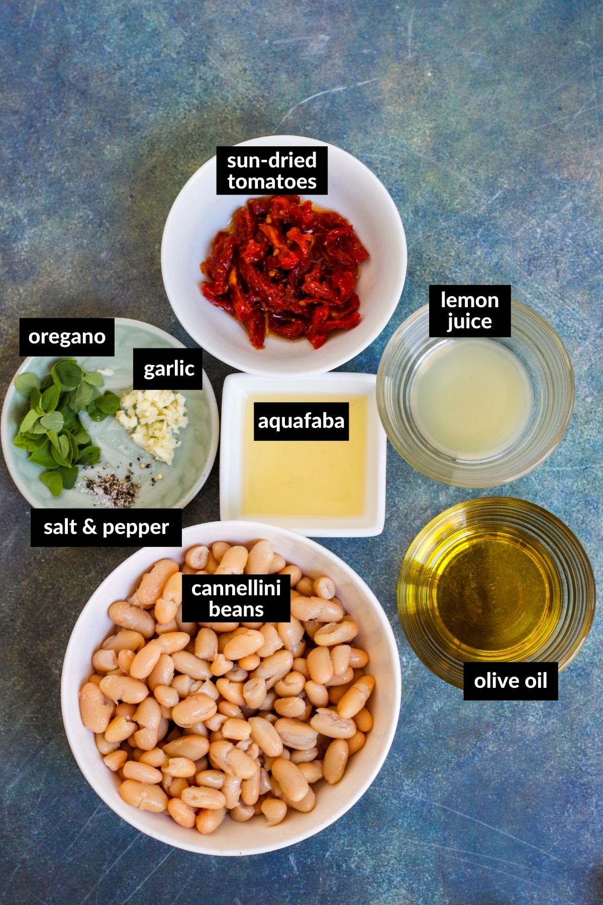 Labeled ingredients shown in bowls that are needed to make this recipe