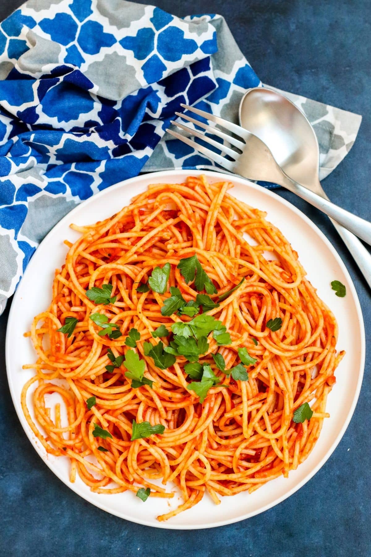 Plate of spaghetti with tomato sauce garnished with Italian parsley.