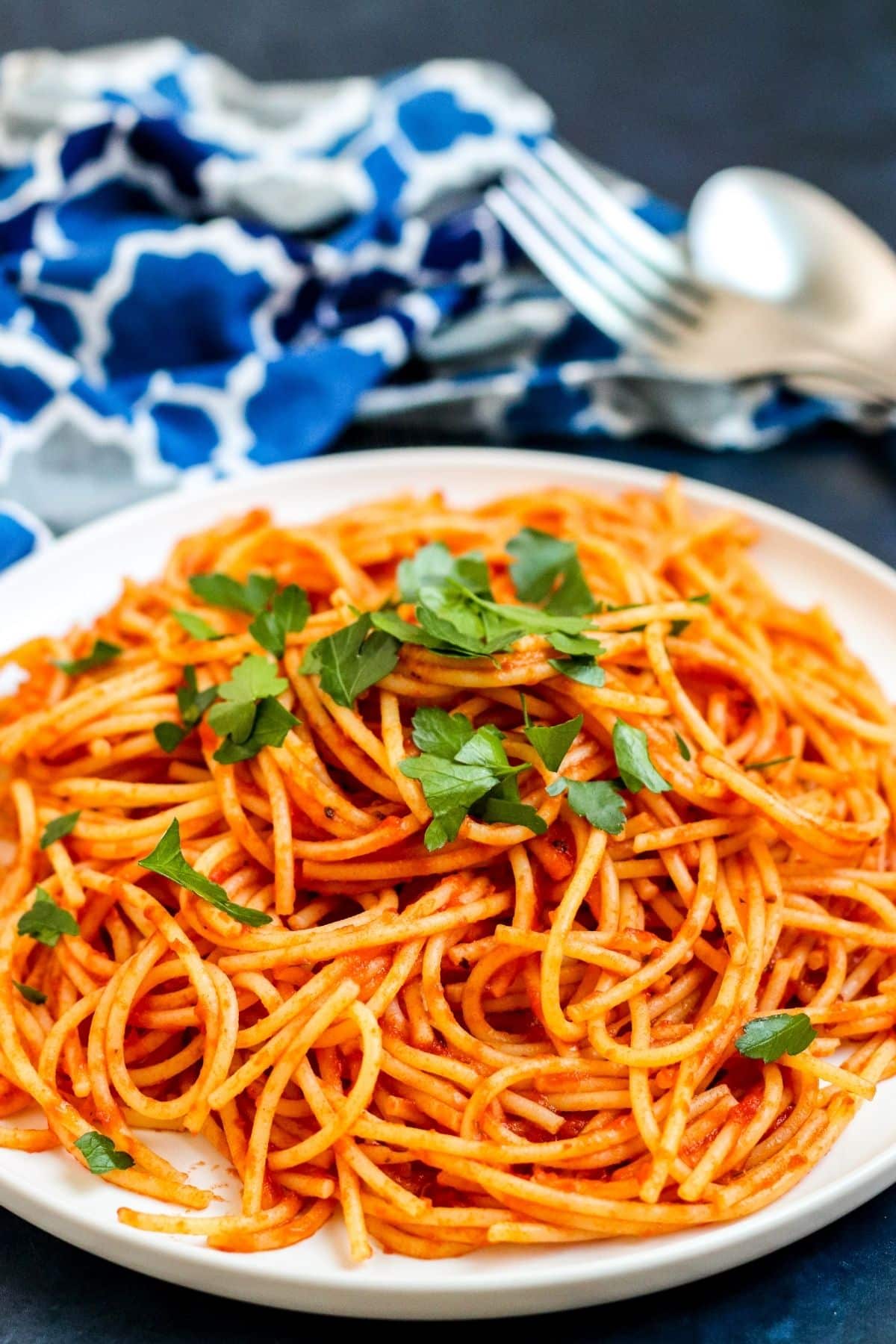 Close up of plate of spaghetti in tomato paste pasta sauce garnished with fresh herbs.