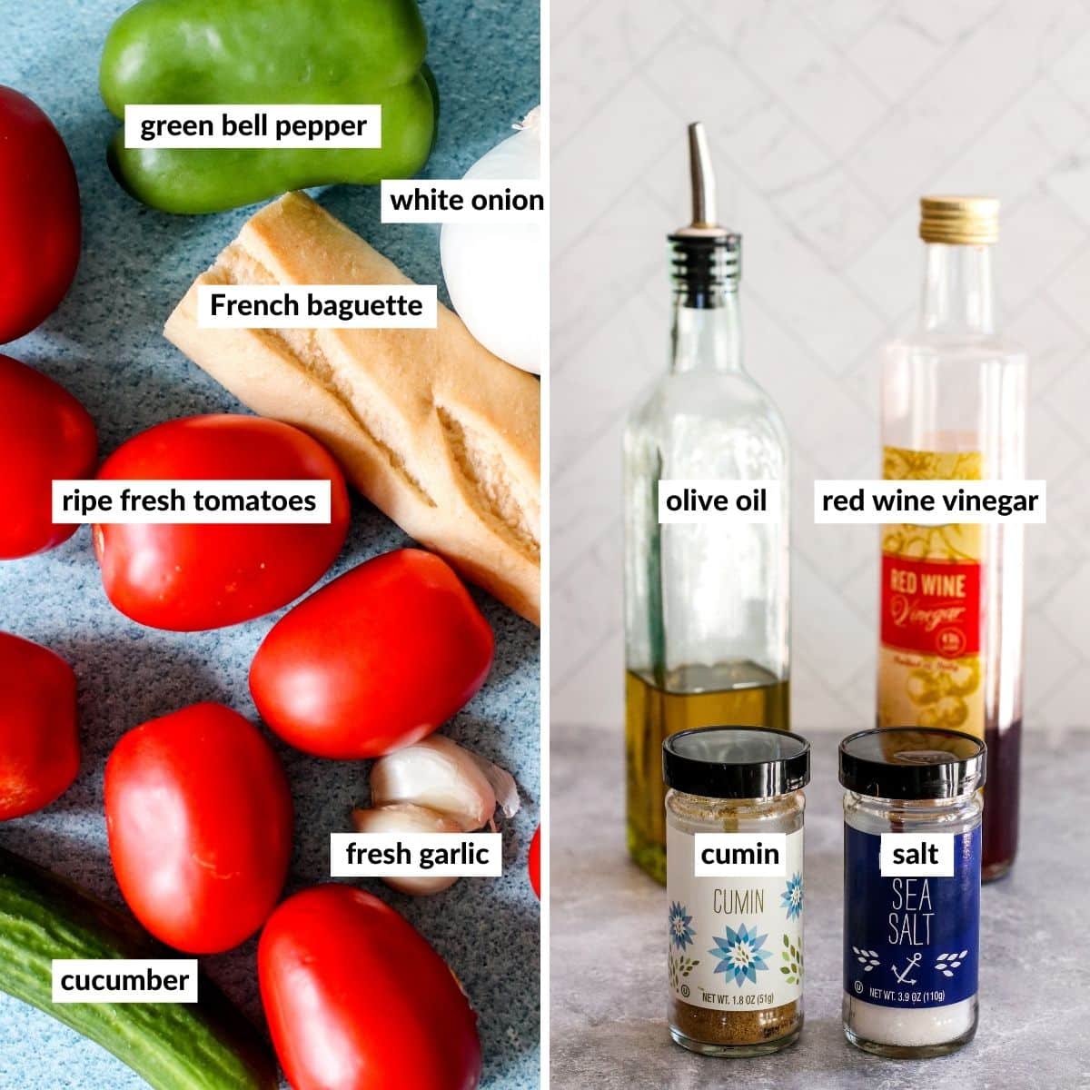 Collage of two images showing the labeled ingredients needed for making this recipe