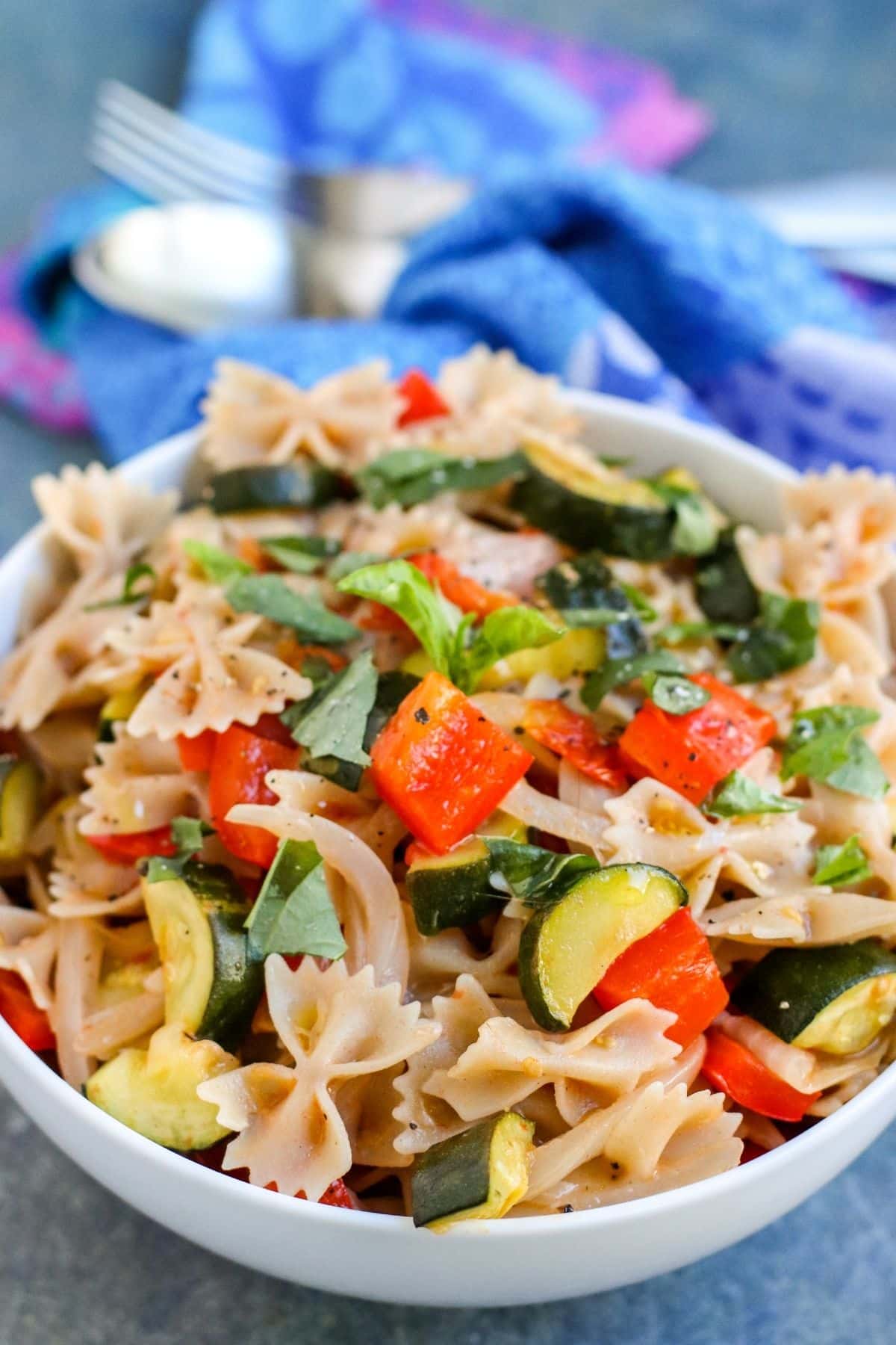 Close up of bowl of Mediterranean Roasted Vegetable Pasta