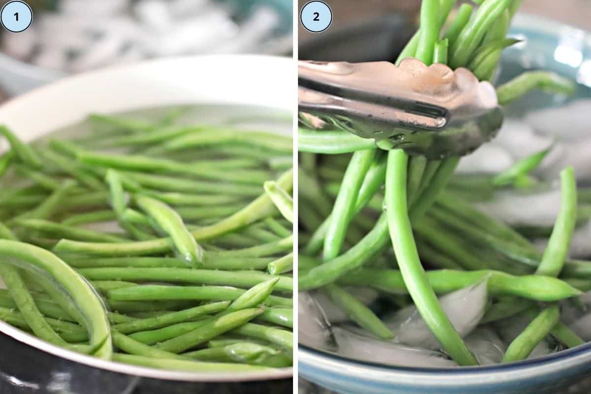 Collage of two images showing how to blanch the green beans