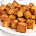 Platter of crispy tofu cubes