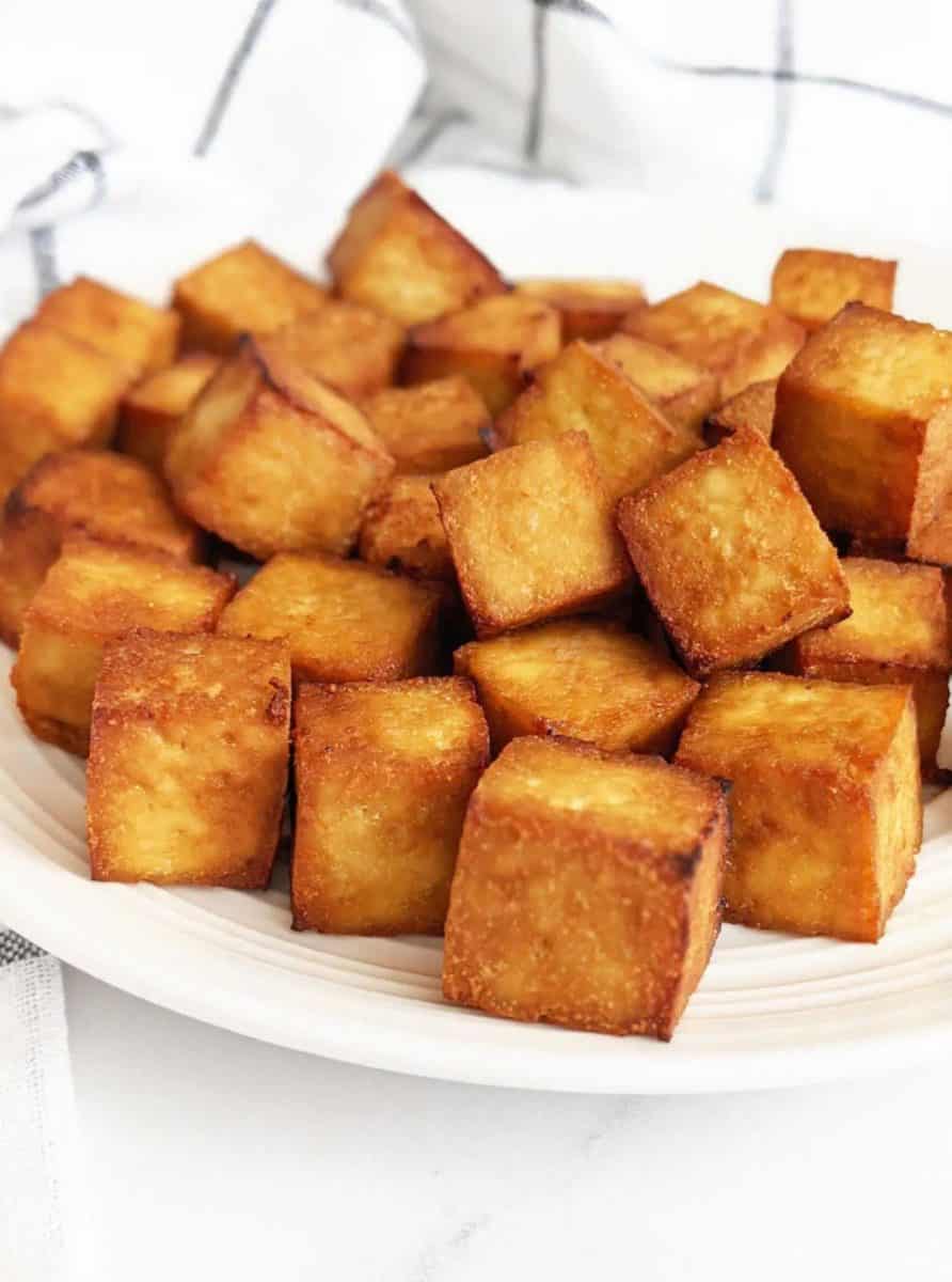 Platter of crispy tofu cubes