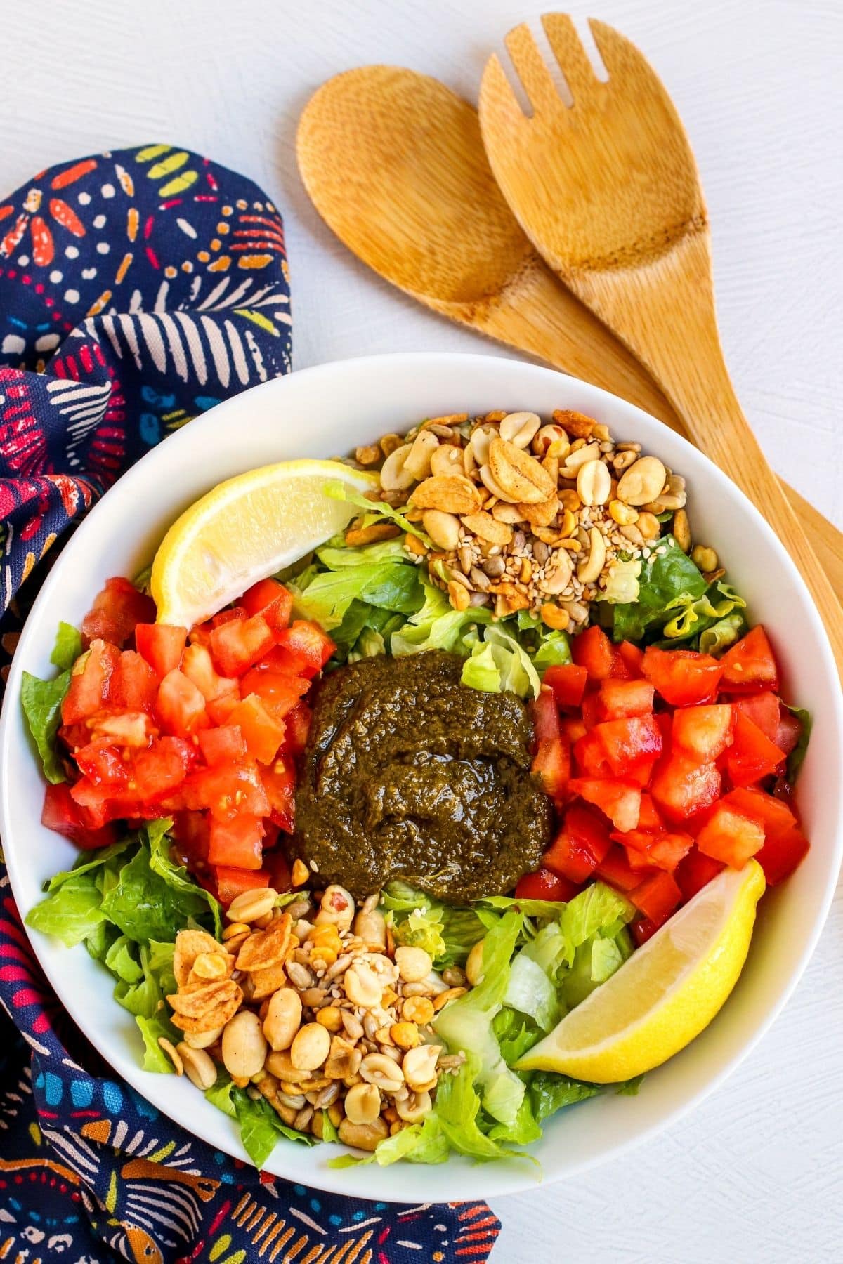 Composed tea leaf salad ready to be tossed