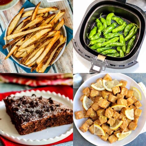 French fries, shishito peppers in an air fryer basket, brownie, and lemon tofu.