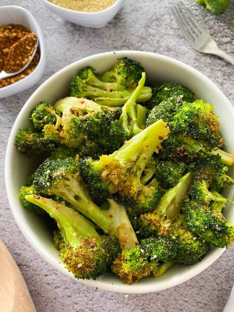 Bowl of air fried broccoli