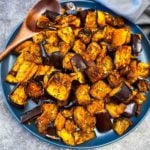 Platter of cooked cubes of eggplant