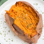 Air fried sweet potato on a plate.
