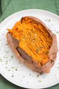 Air fried sweet potato on a plate.