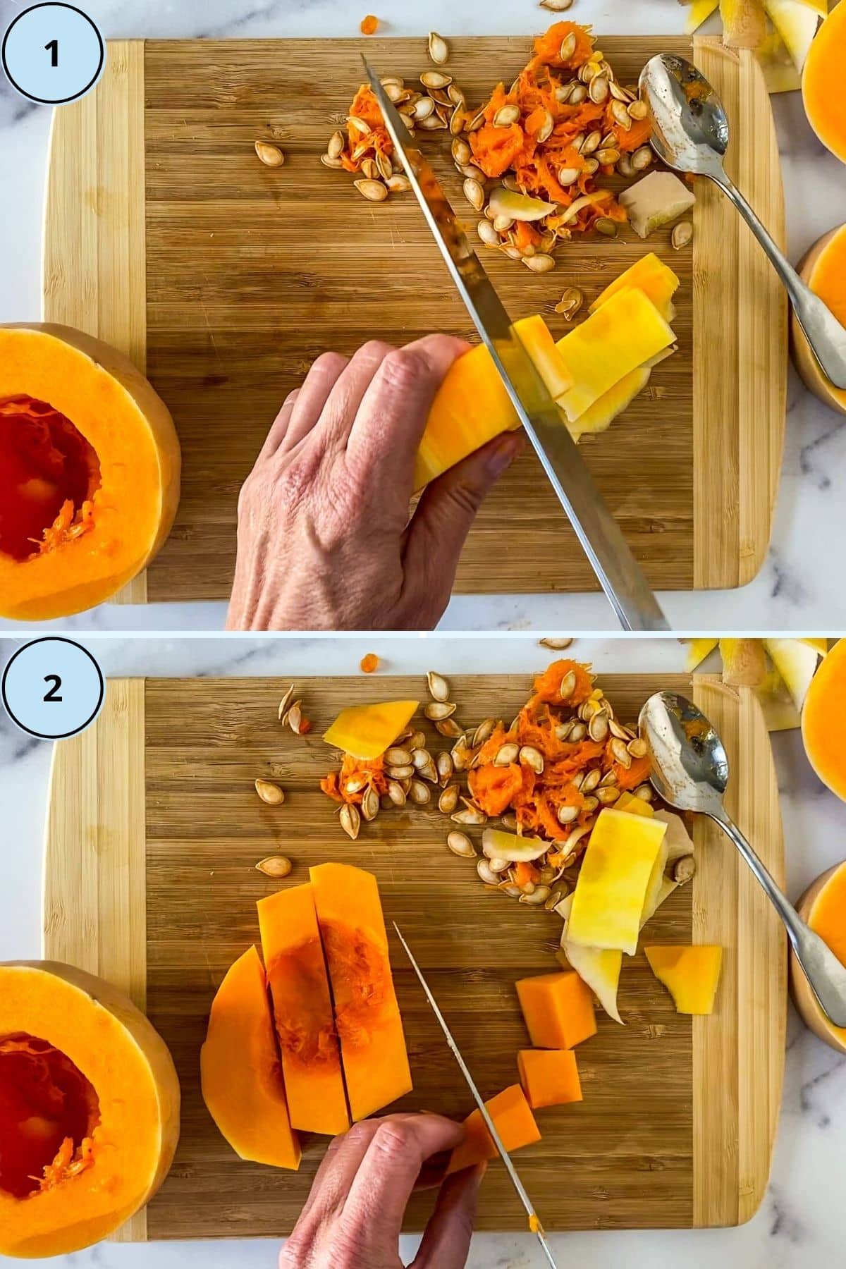 Collage of 2 images demonstrating how to peel and dice the squash.