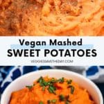 Close up and bowl of mashed sweet potatoes topped with chives.