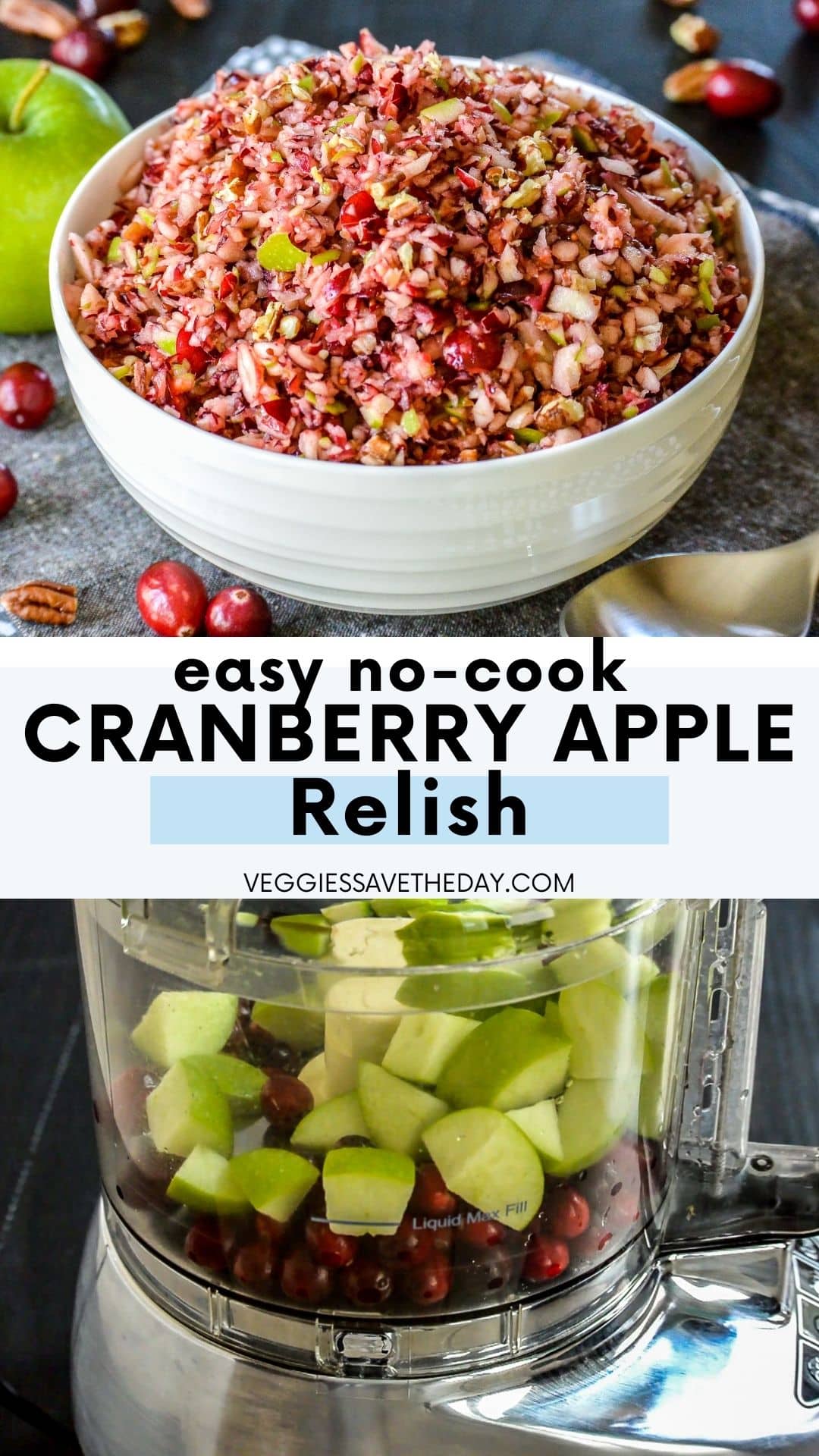 Bowl of relish in top image; cranberries and chunks of green apple in a food processor in the bottom image.