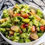 Close up of bowl of broccoli grape salad.