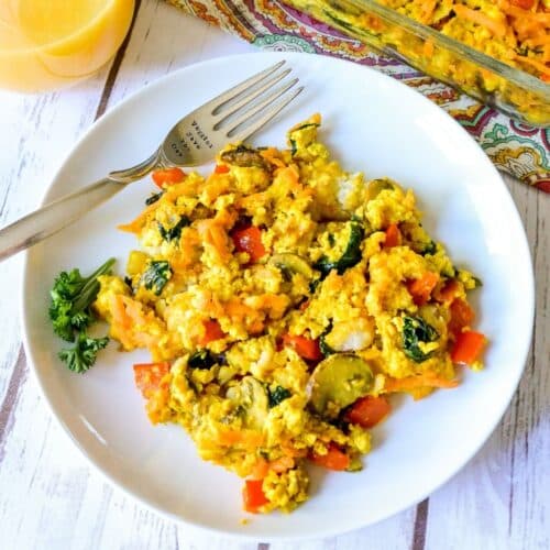 Plate with serving of casserole and a fork.