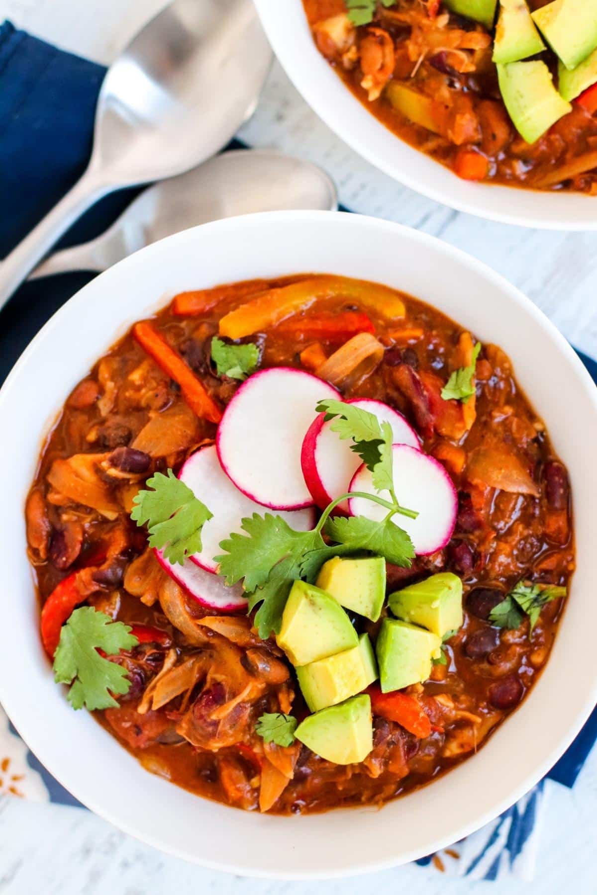 Close up of a bowl of chili.