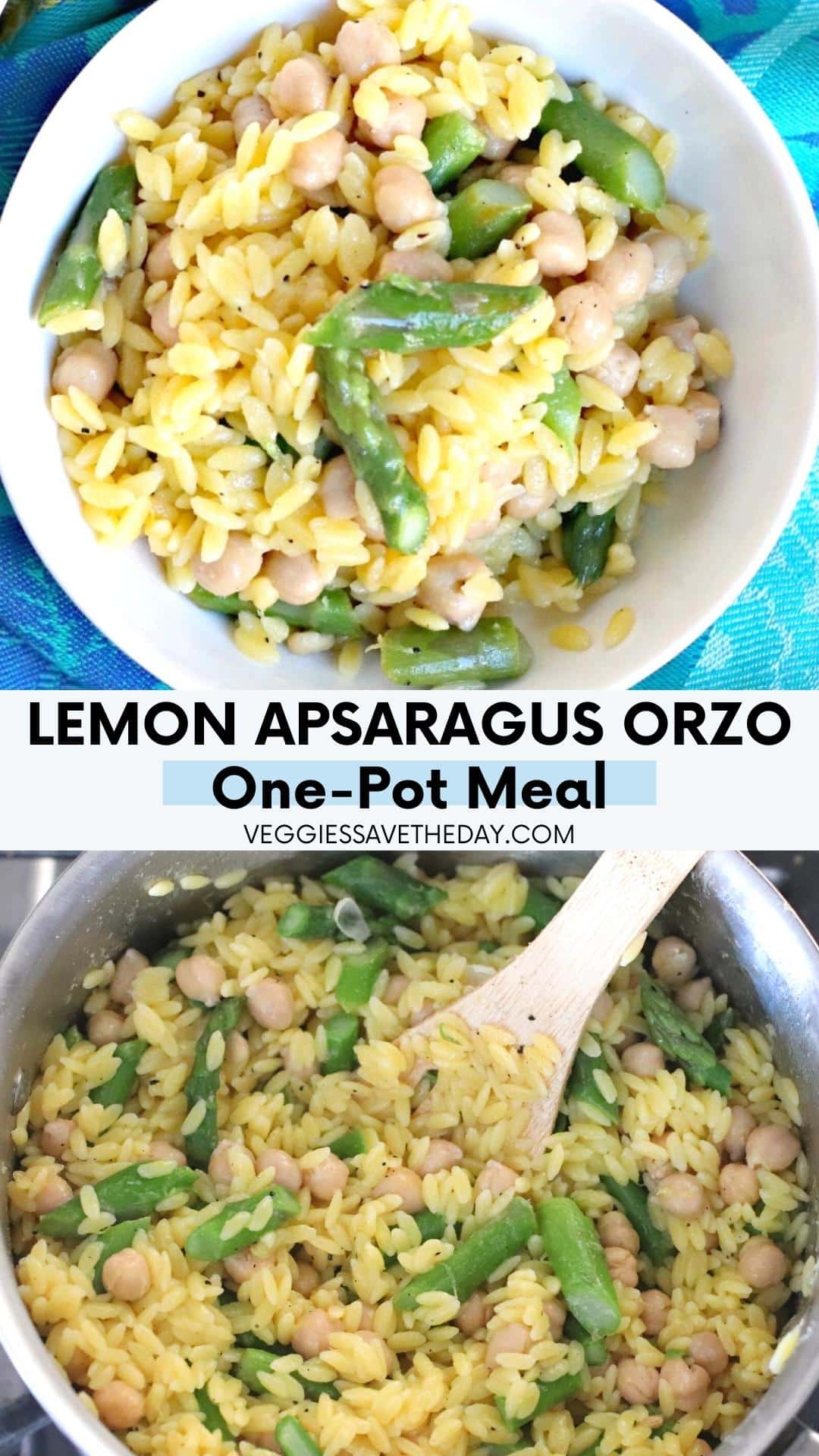 Bowl of Lemon Asparagus Orzo in top image and food cooking on the stove in bottom image.