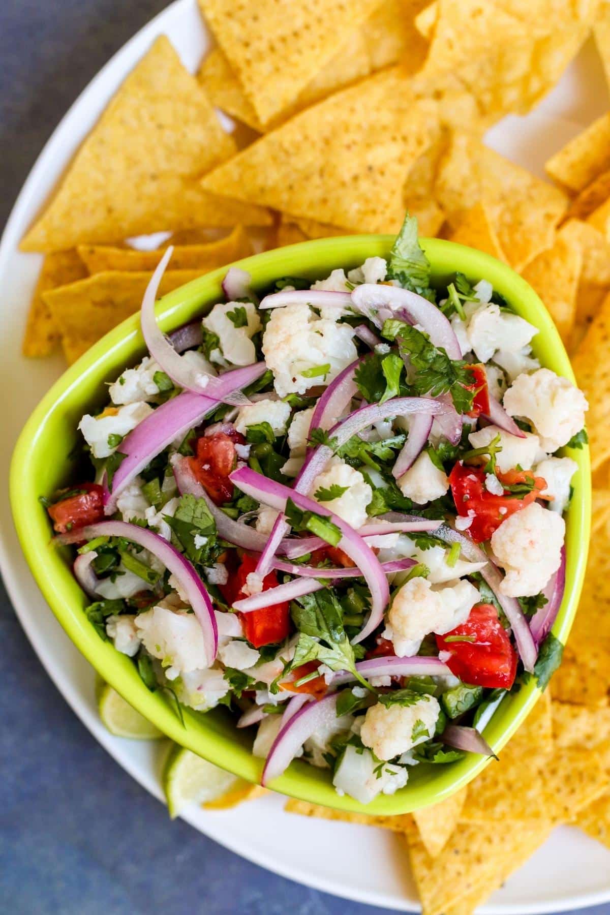 Overhead close up image of bowl of cauliflower ceviche.