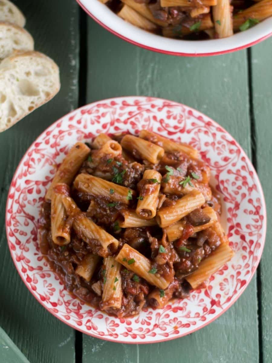 Plate of rigatoni with eggplant and mushroom sauce.